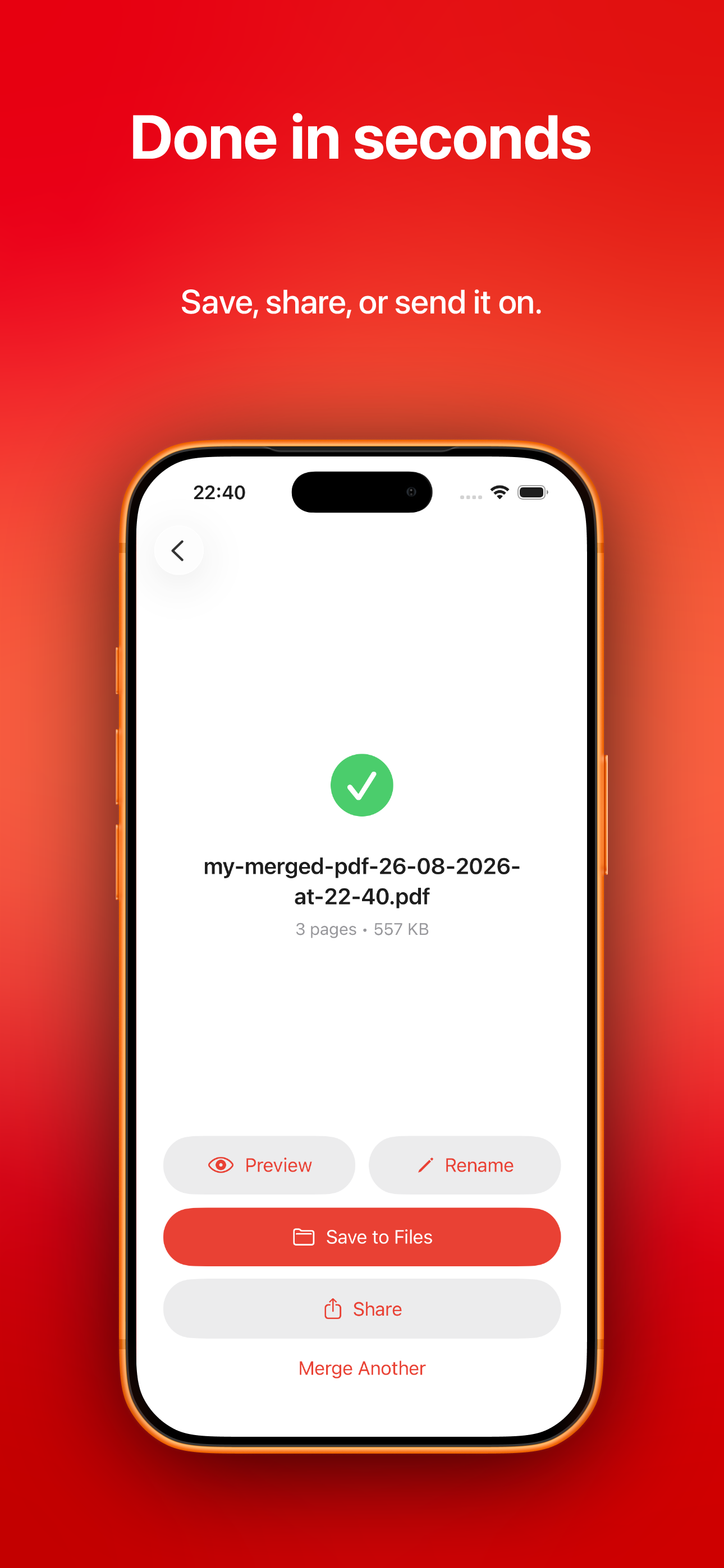 Success screen showing a merged PDF ready to save or share
